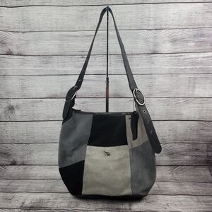 Emma Fox Leather Purse Shoulder Bag Strap Tote Bucket Style Black Gray Patchwork